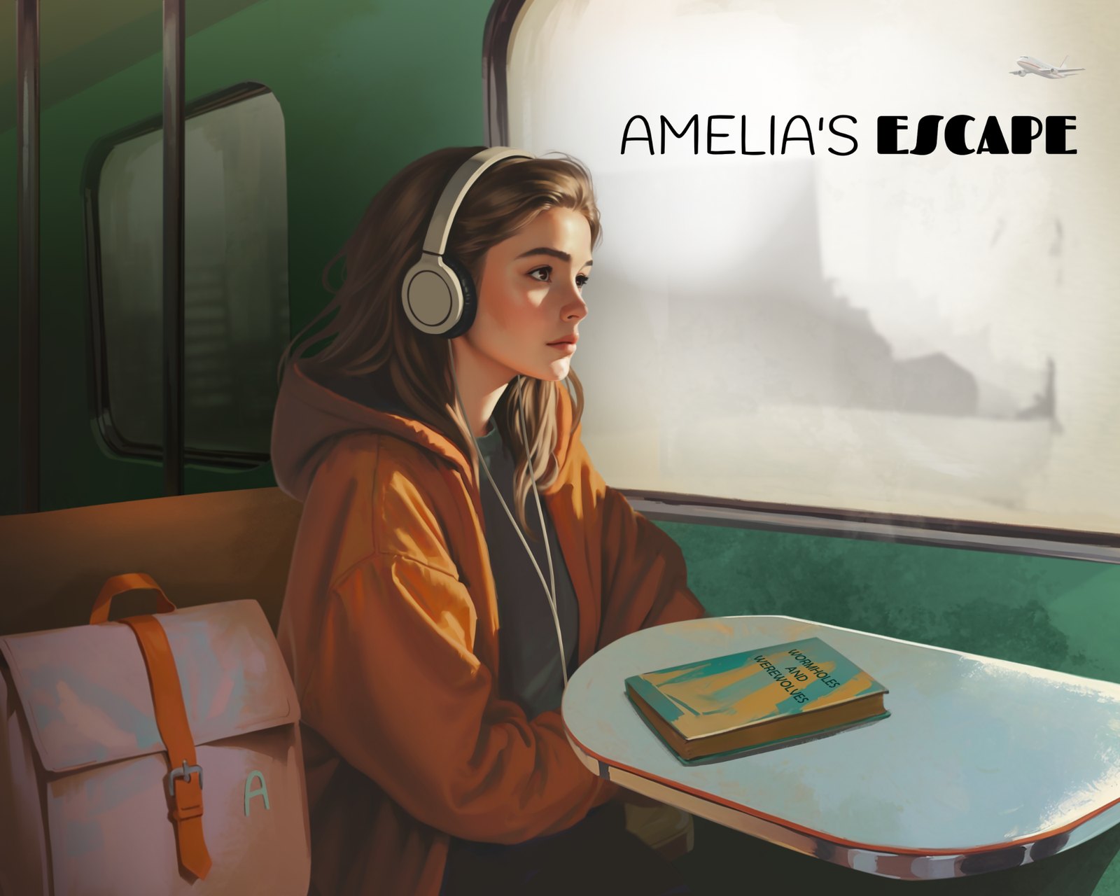 Key art for Amelia's Escape showing Amelia on a train wearing headphones, a book titled Wormholes and Werewolves on the table in front of her
