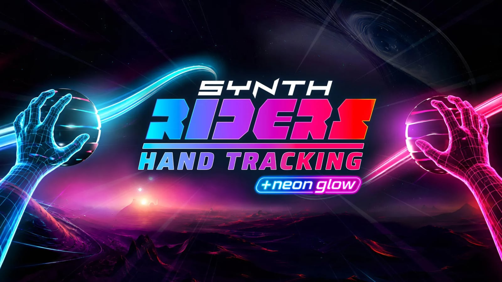 Synth Riders hand tracking key art: two glowing wireframe hands, one blue and one pink, each holding a neon orb on either side of the game's logo