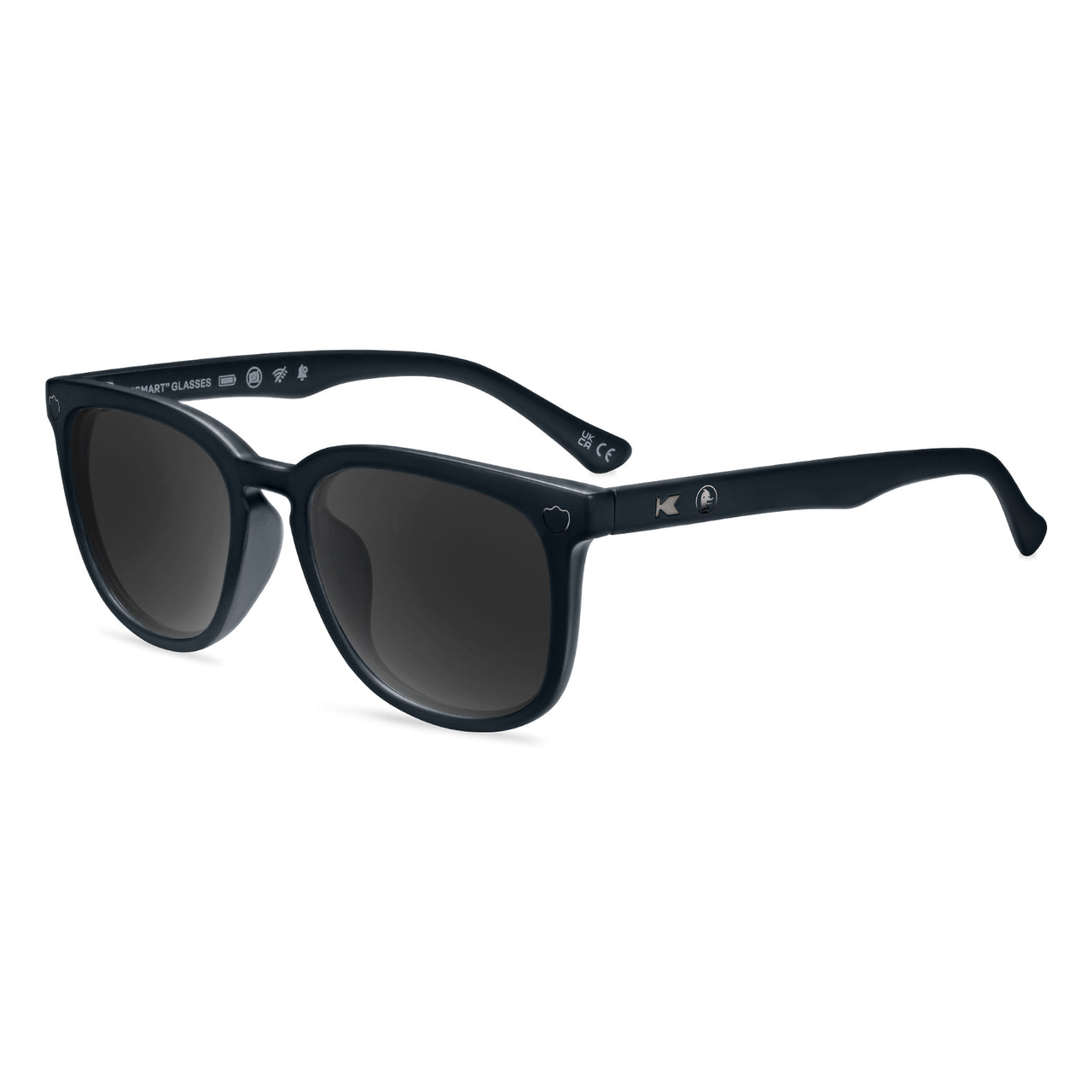 DuckDuckGo Paso Robles matte black sunglasses at a three-quarter angle, with SMART GLASSES printed on the temple arm beside struck-through battery, camera, wifi and microphone icons