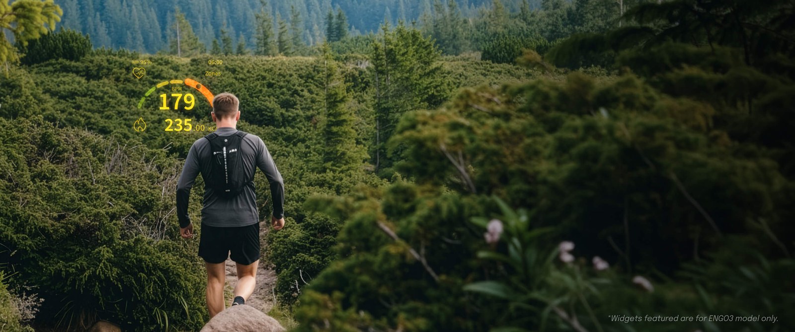 Trail runner wearing ENGO glasses with a heads-up display showing heart rate and calories overlaid in the field of view