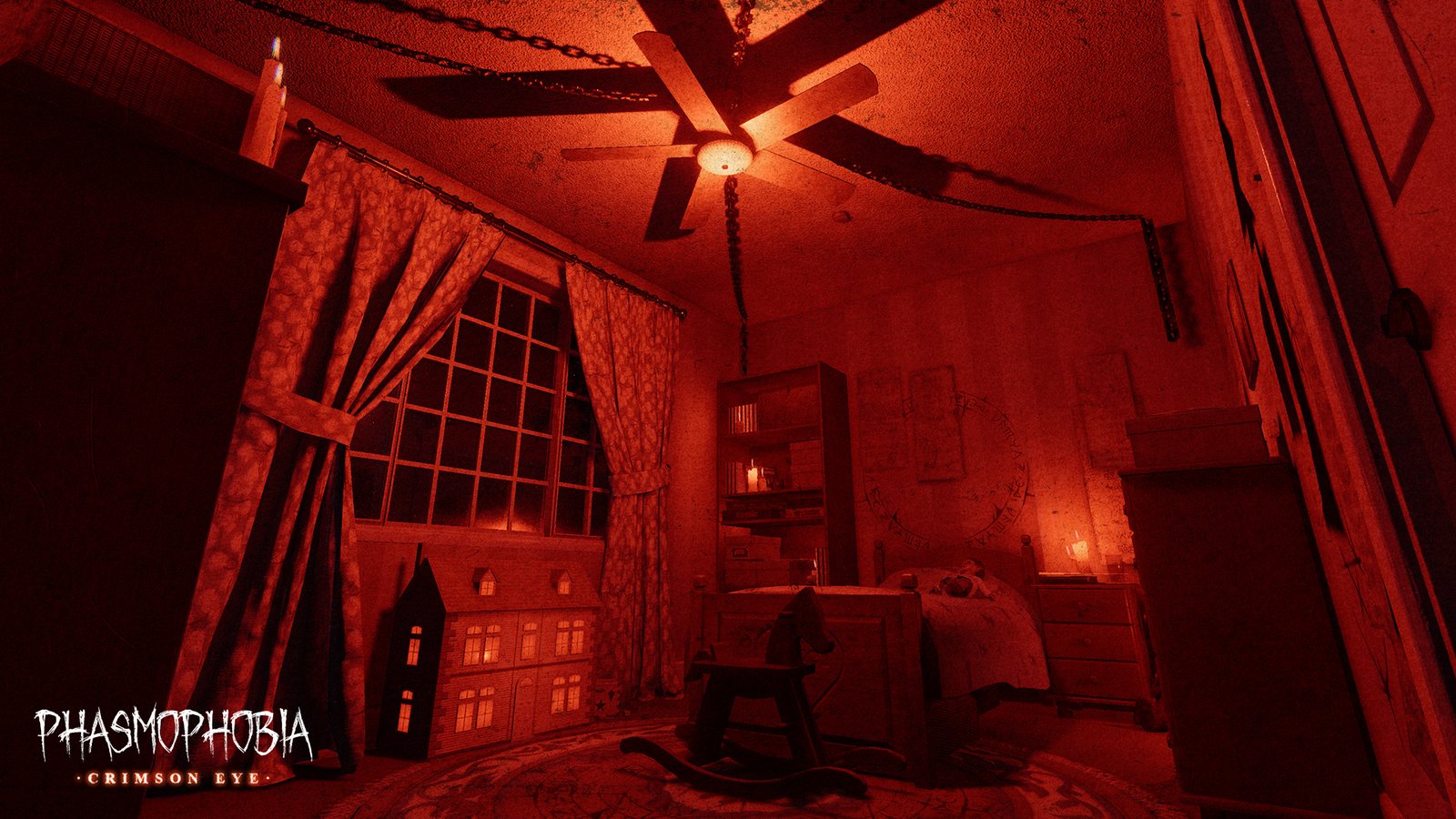 A child's bedroom in Phasmophobia lit deep red by the Blood Moon, with a dollhouse and rocking horse on the floor and the Phasmophobia Crimson Eye logo in the corner