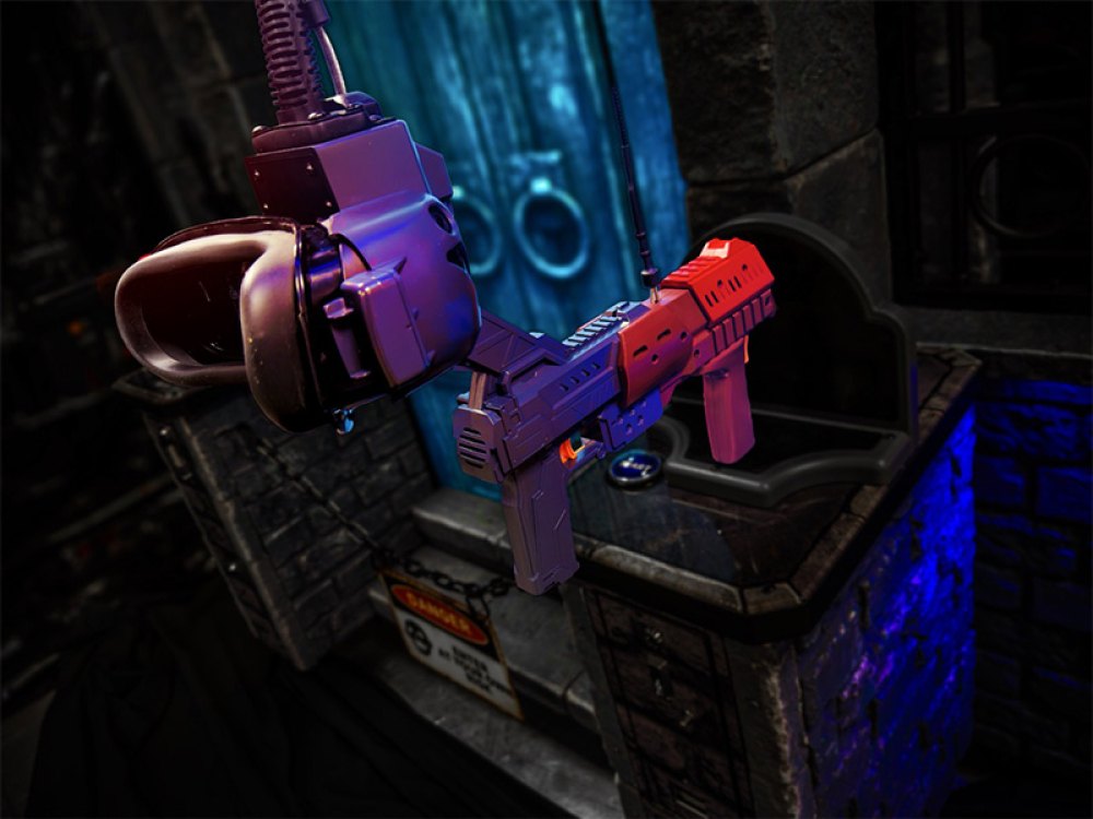 Close-up of the red and dark grey House of the Dead Reawakened light gun with a headset mounted on an arm above it, its face gasket toward the camera, and a ribbed armoured cable rising out of frame, in front of a stone pedestal