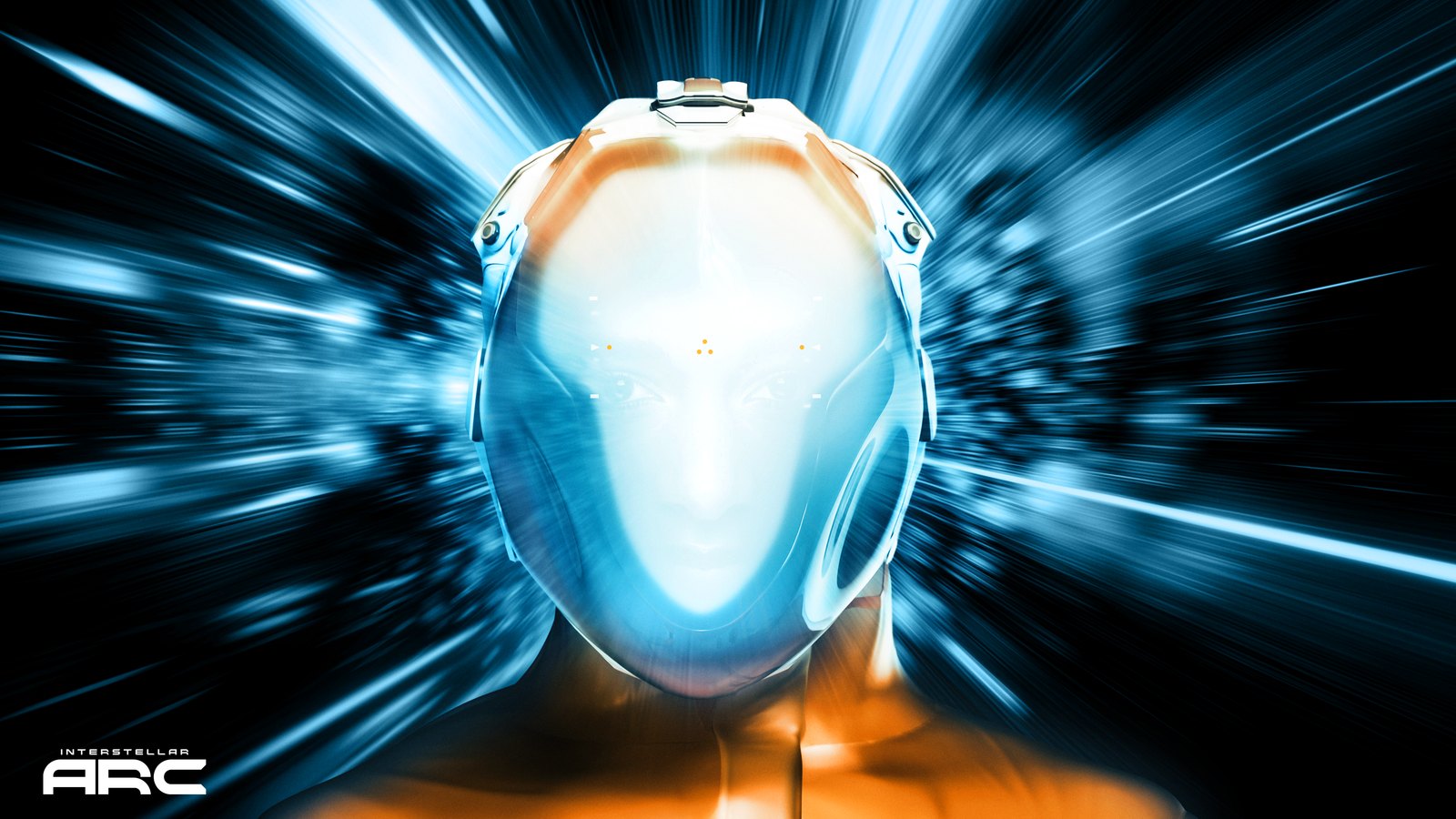 Official key art for Interstellar Arc showing a figure in a glowing white and blue space helmet against streaking blue light