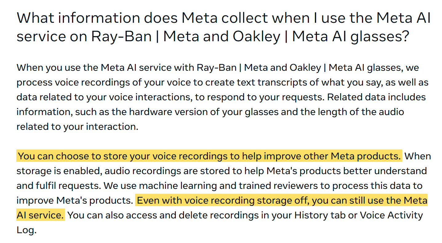 The UK version of Meta's AI Glasses Voice Privacy Notice, with the sentences offering a choice to store voice recordings and saying Meta AI works with storage off highlighted