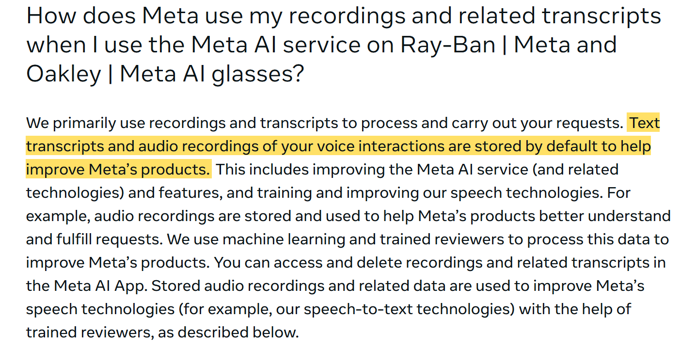 The US version of Meta's AI Glasses Voice Privacy Notice, with the sentence saying text transcripts and audio recordings are stored by default highlighted