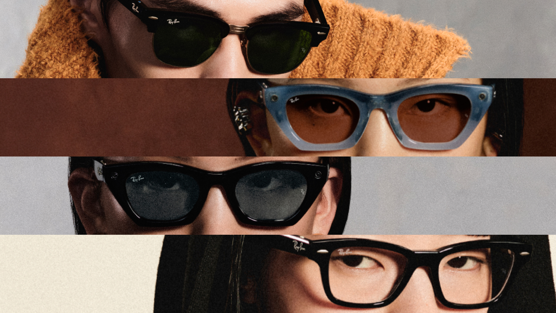 Four-panel Meta press banner showing close crops of Ray-Ban Meta glasses in Clubmaster, cat-eye and Wayfarer styles worn by four people