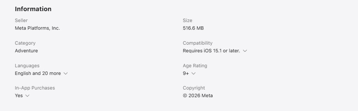 The App Store information panel for Meta Horizon listing the seller as Meta Platforms, the category as Adventure and the size as 516.6 MB