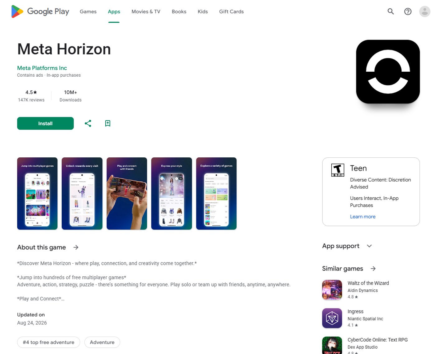 The Google Play listing for Meta Horizon, showing five phone screenshots, a section headed About this game, an Adventure category tag and a number four top free adventure badge