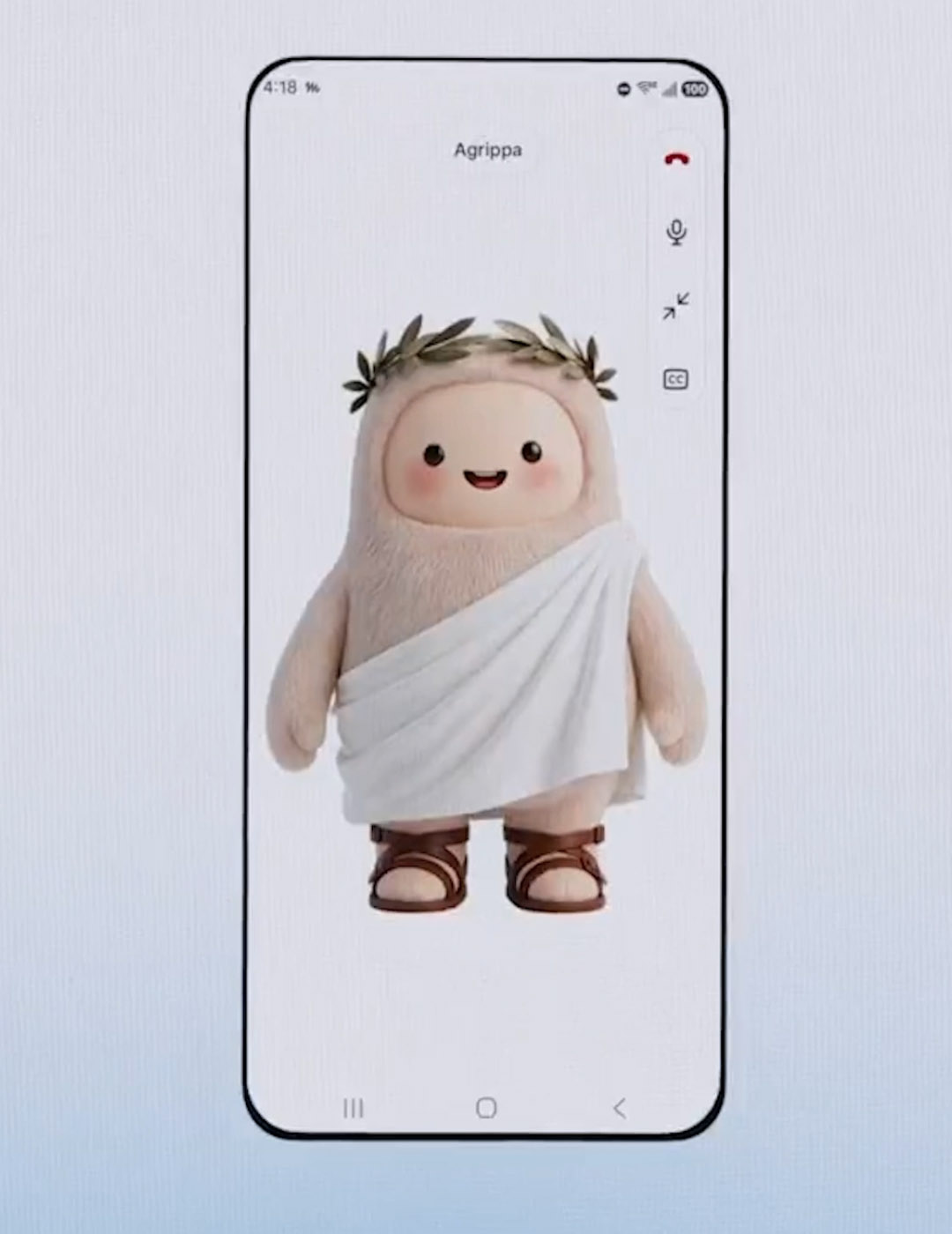 A phone screen in a voice call with Agrippa, a small fuzzy Muse character wearing a laurel wreath, a toga and sandals