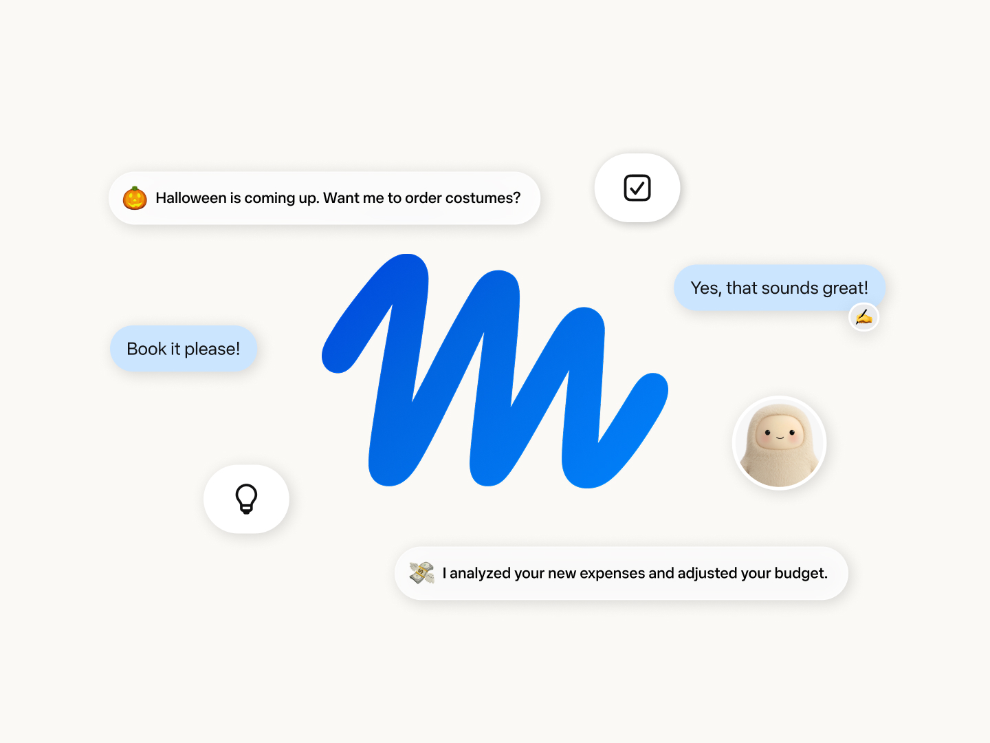 Meta's Muse launch artwork: a blue M logo surrounded by chat bubbles, including an agent offer to order Halloween costumes and a user reply reading Book it please