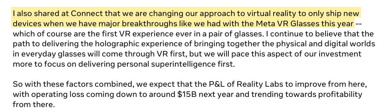 Excerpt from Meta's third-quarter 2026 earnings call transcript, with Mark Zuckerberg's sentence about only shipping new VR devices when Meta has major breakthroughs highlighted in yellow