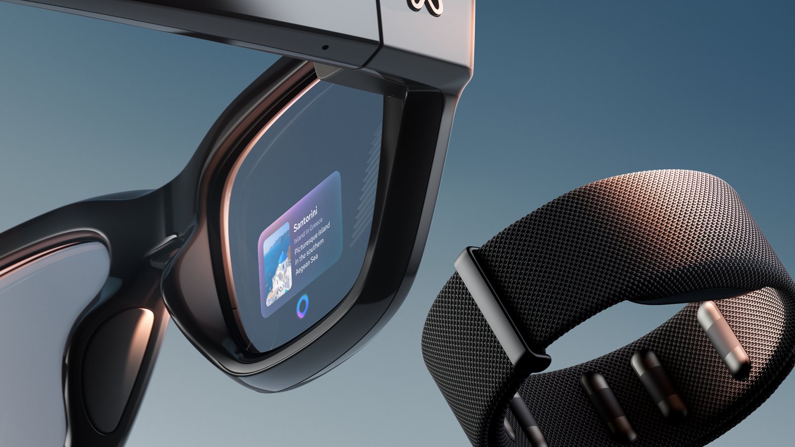 Close-up of the Meta Ray-Ban Display glasses showing an in-lens information card next to the Neural Band wristband