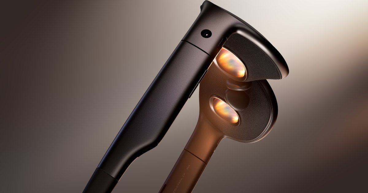 Close-up of the inside of Meta VR Glasses, showing both lenses lit and the fabric face surround