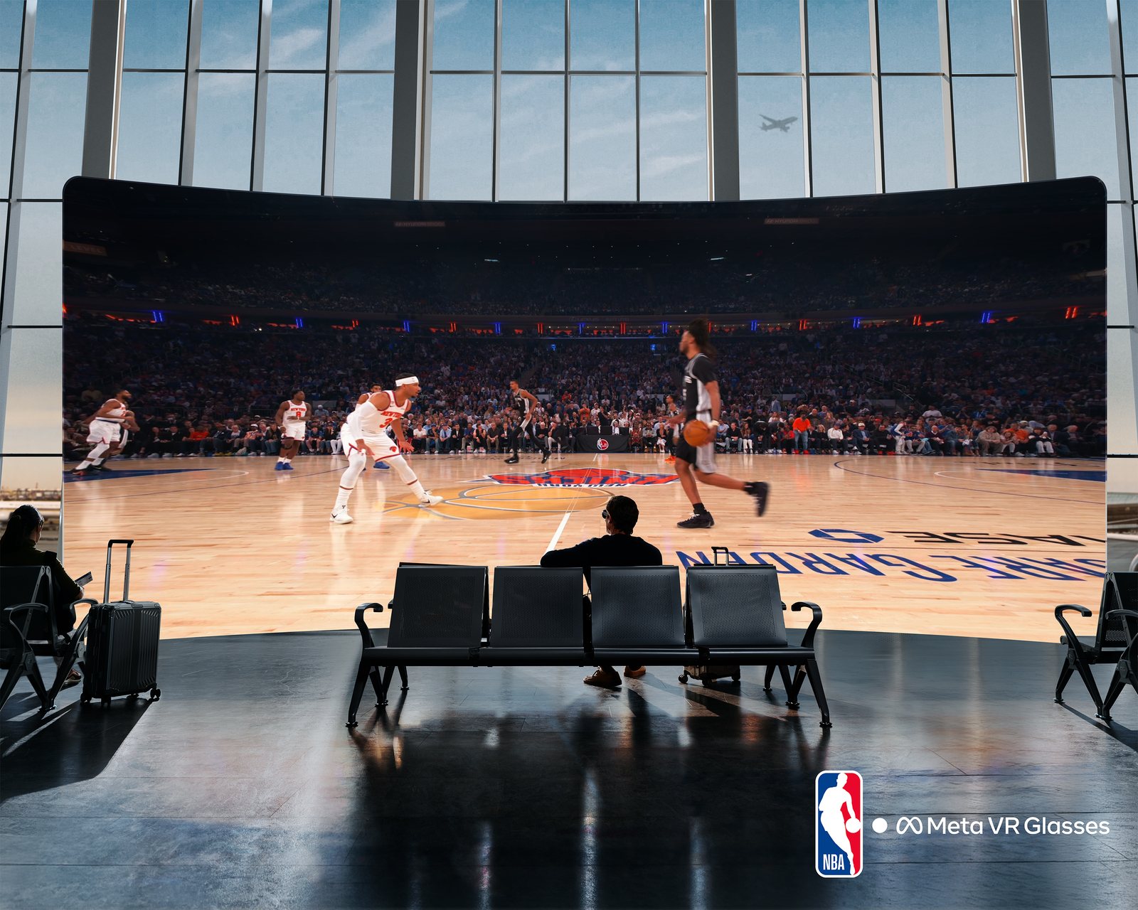 A person seated in an airport lounge watching a New York Knicks game on a giant curved virtual screen, with the NBA and Meta VR Glasses logos in the corner