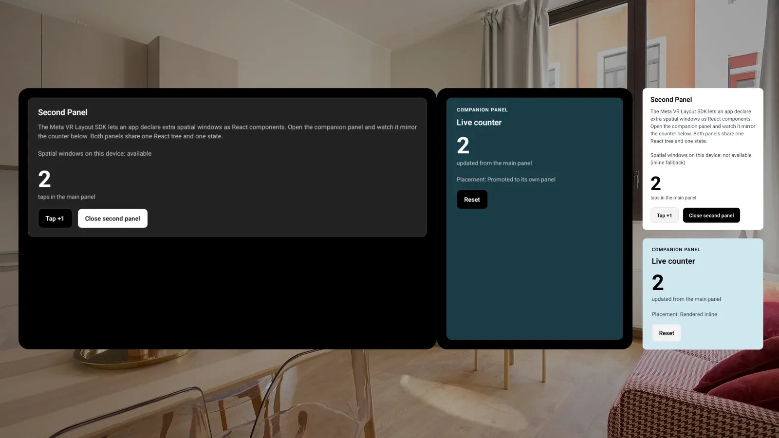 Callstack's React Native demo shown two ways: on the left a main panel with a live counter promoted to its own companion window in a living room, on the right the same panels stacked inline as they render without spatial window support