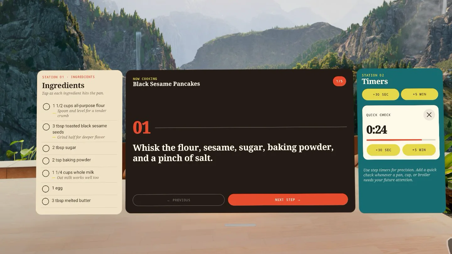 Meta's CookVrx sample app on Horizon OS: a main recipe window for black sesame pancakes with an ingredients panel on its left and a timers panel on its right, floating above a wooden deck in a mountain valley