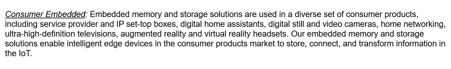 The Consumer Embedded paragraph in Micron's fiscal 2025 Form 10-K, which lists augmented reality and virtual reality headsets but does not mention glasses