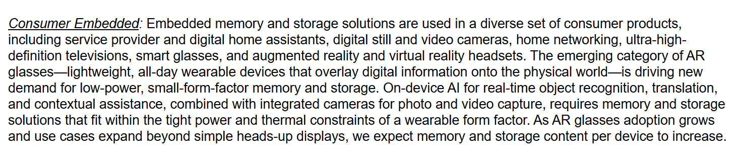 The Consumer Embedded paragraph in Micron's fiscal 2026 Form 10-K, naming smart glasses and describing AR glasses as driving new demand for low-power memory and storage