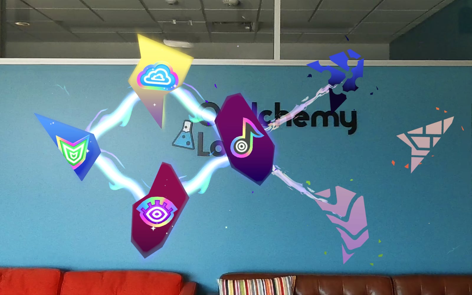 Hyper Visor's level select: crystal shards carrying icons, linked by glowing energy, floating over the Owlchemy Labs logo on a blue office wall