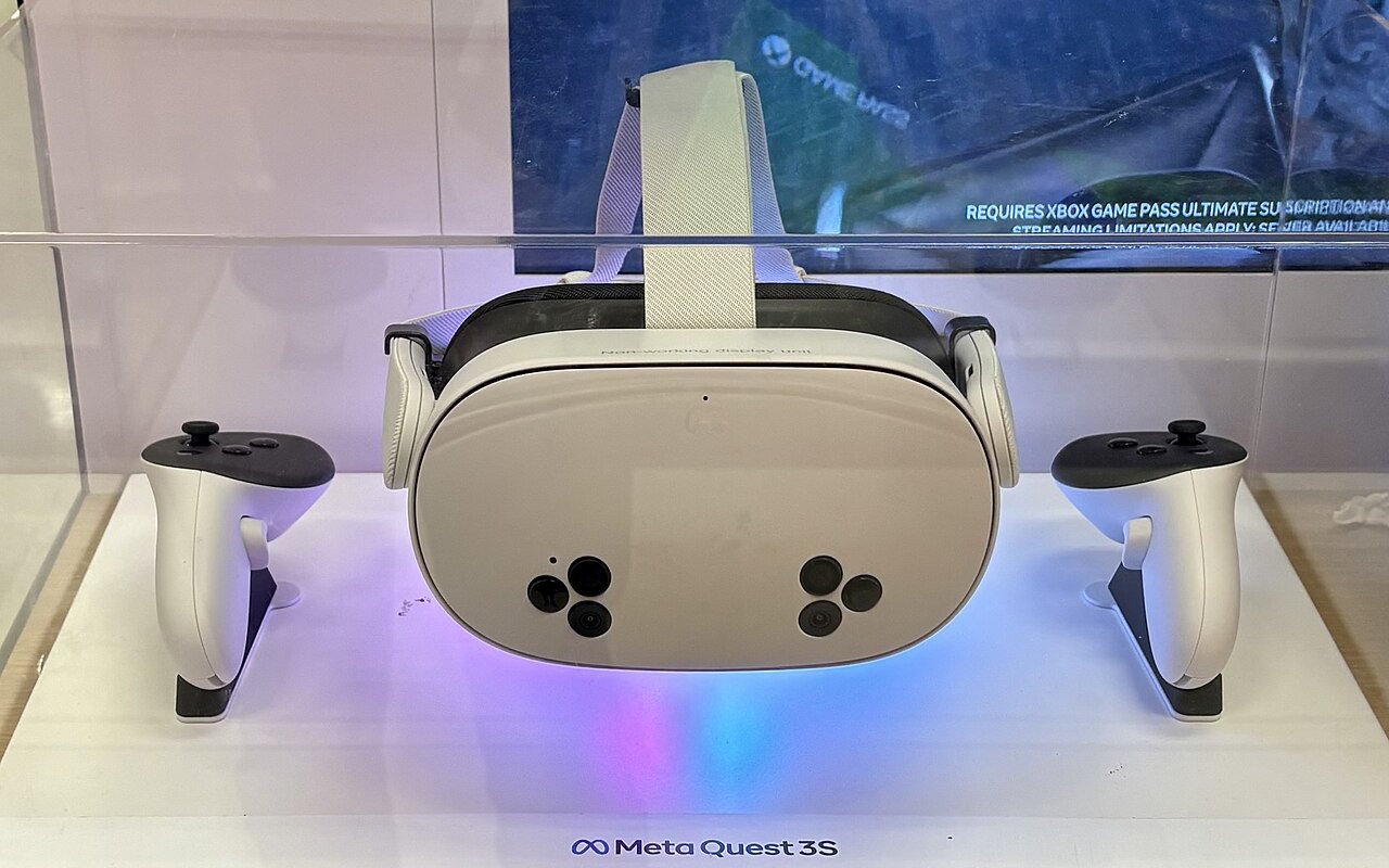 Meta Quest 3S headset and its two Touch Plus controllers on a store display