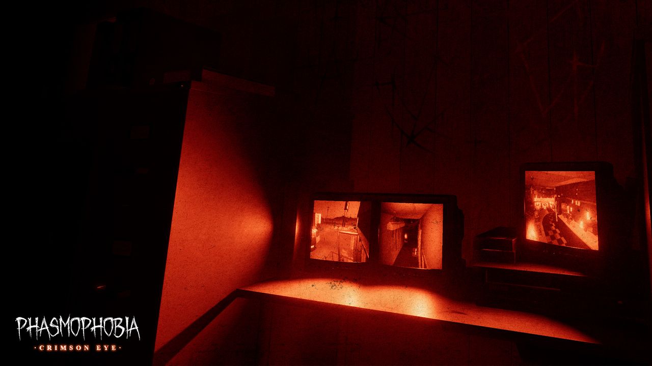 A bank of old CRT security monitors glowing red in a dark room, one of them showing a diner with a checkered floor