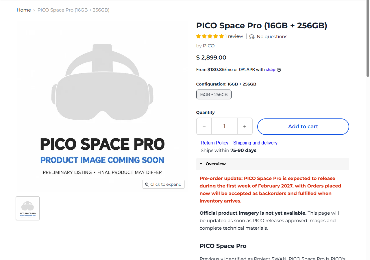 Knoxlabs product page for PICO Space Pro (16GB + 256GB) with a grey placeholder headset graphic marked product image coming soon, a price of $2,899.00, a line reading ships within 75 to 90 days, and a red notice saying release is expected during the first week of February 2027