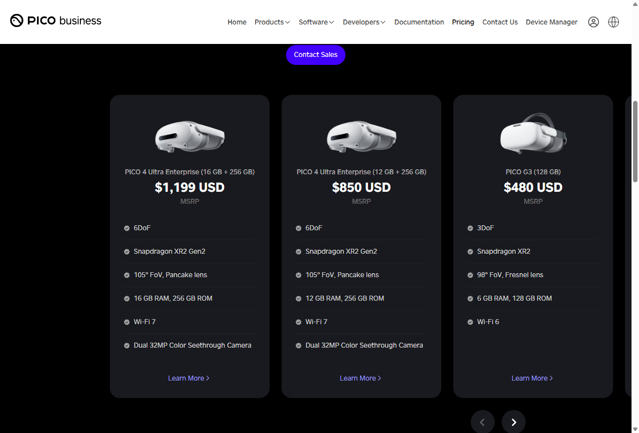 PICO Business pricing page with three product cards: PICO 4 Ultra Enterprise 16 GB + 256 GB at $1,199 USD MSRP, PICO 4 Ultra Enterprise 12 GB + 256 GB at $850 USD MSRP, and PICO G3 128 GB at $480 USD MSRP