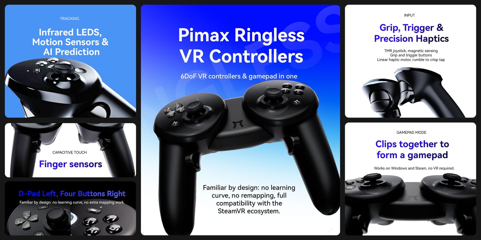 Pimax Ringless VR Controllers clipped together into a single gamepad, with a D-pad on the left half and four action buttons on the right