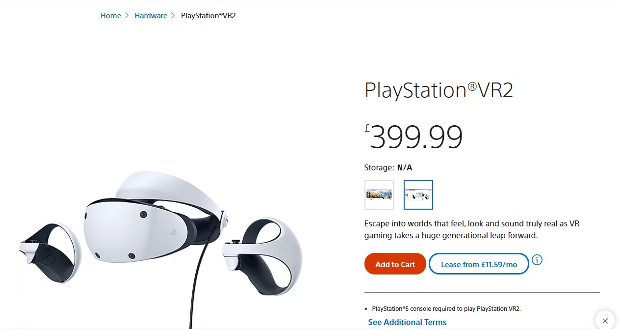 Sony's UK PlayStation Direct product page for PlayStation VR2 showing the £399.99 price with an active Add to Cart button