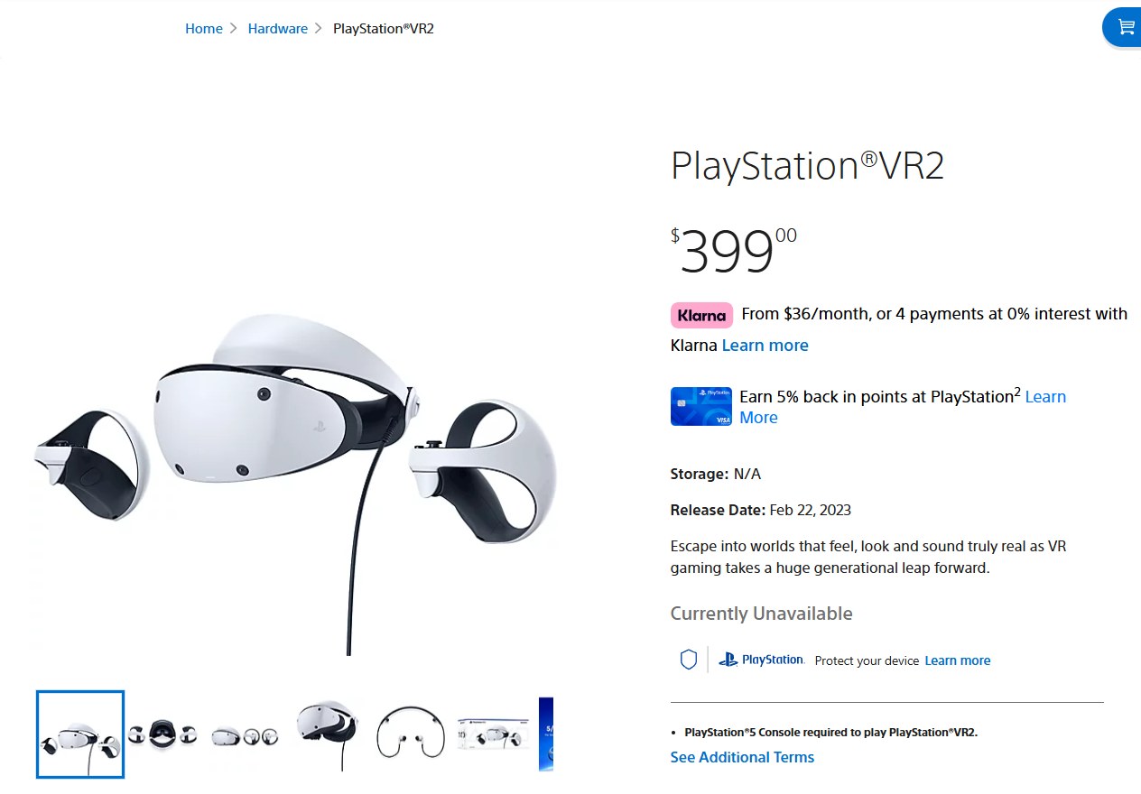 Sony's US PlayStation Direct product page for PlayStation VR2 showing the $399.00 price and the words Currently Unavailable where the Add to Cart button normally sits