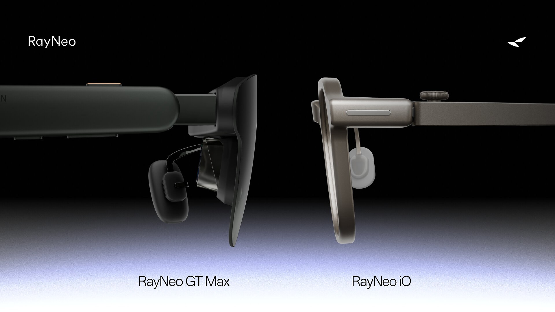 Side by side product renders of the thick RayNeo GT Max cinema glasses and the thin gold RayNeo iO smart glasses, shown in profile against a black background