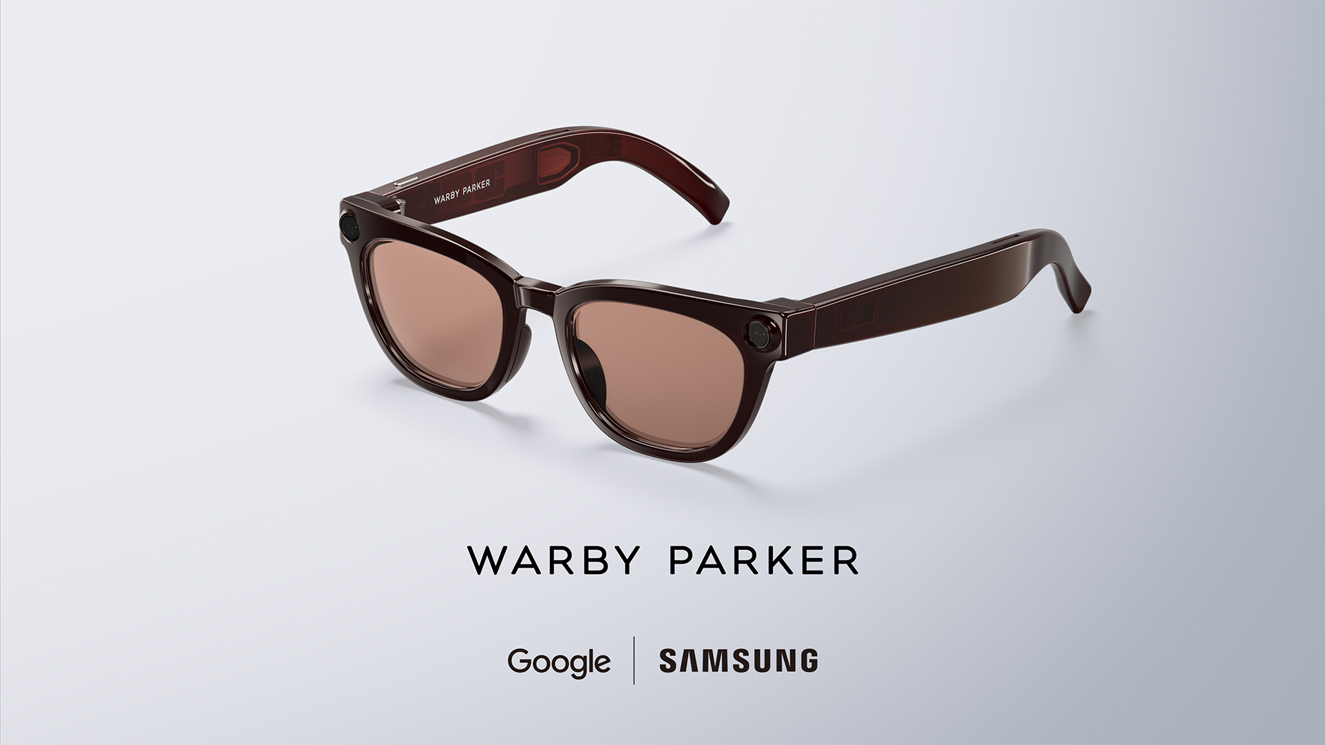Samsung Intelligent Eyewear in a brown Warby Parker sunglasses frame with tinted lenses