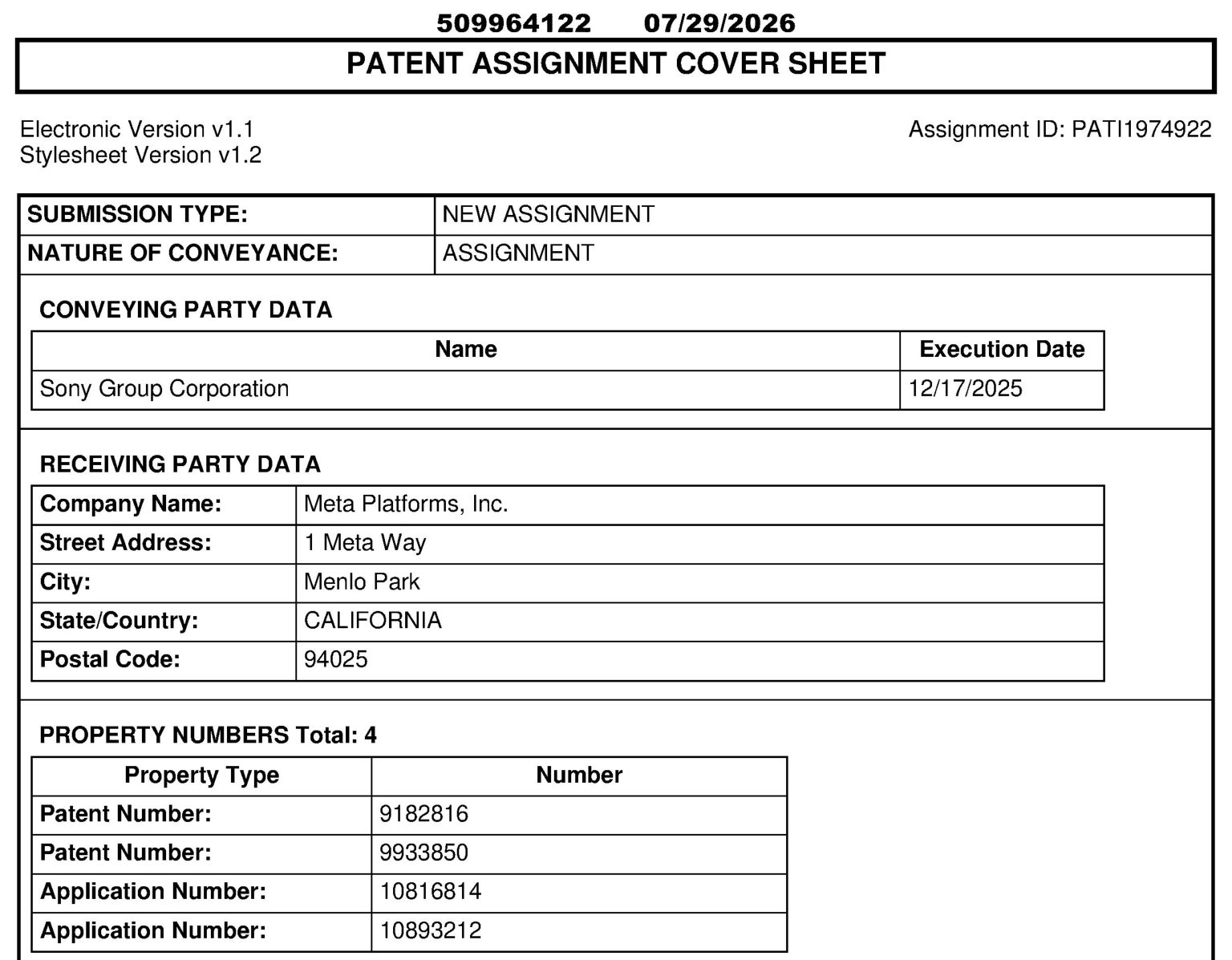 USPTO patent assignment cover sheet dated July 29, 2026 naming Sony Group Corporation as conveying party and Meta Platforms, Inc. as receiving party, with four property numbers: patent numbers 9182816 and 9933850 and application numbers 10816814 and 10893212