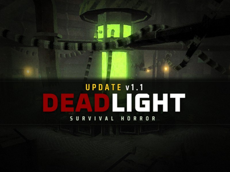 Thumbnail art for the VRChat world DEADLIGHT: a green-lit tower in a dark chamber above the game's red and white logo