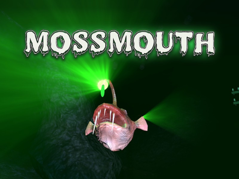 An anglerfish with a glowing green lure in dark water beneath the word MOSSMOUTH