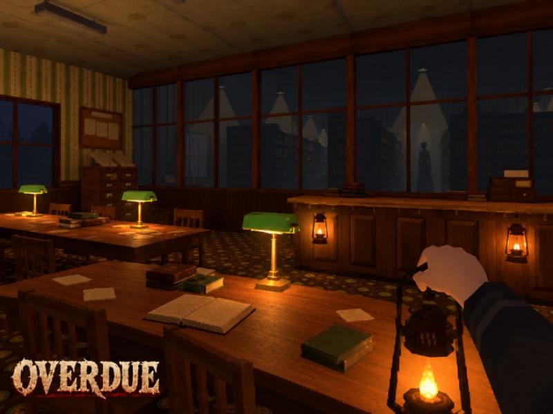 A hand holding a lit lantern over a long wooden table in a dim library, from the VRChat world OVERDUE