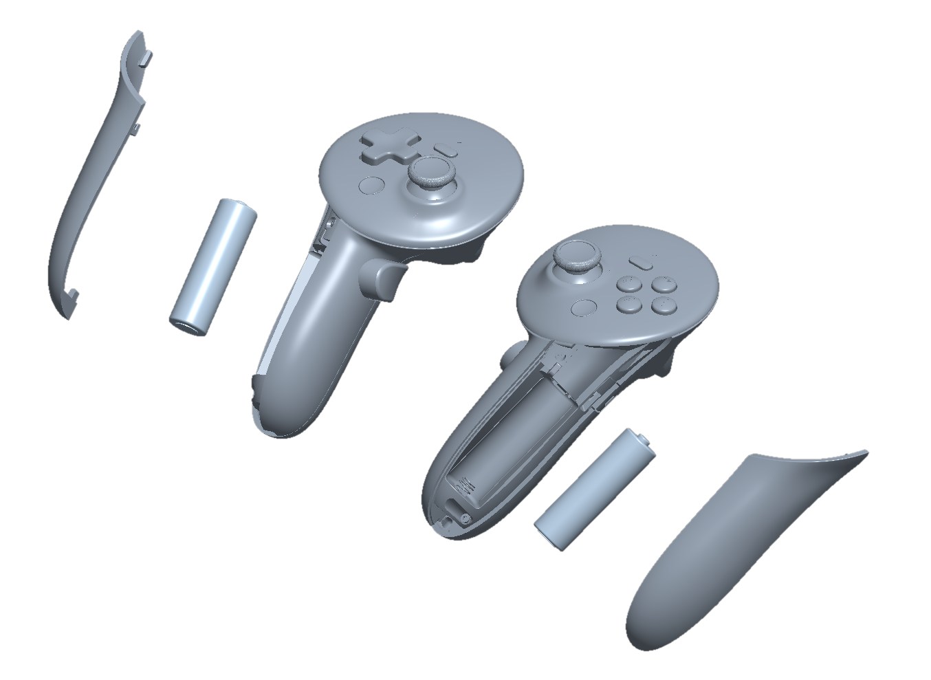 An exploded CAD view of both Steam Frame controllers from Valve's hardware repository, with the battery doors removed and a single AA-size cell beside each grip