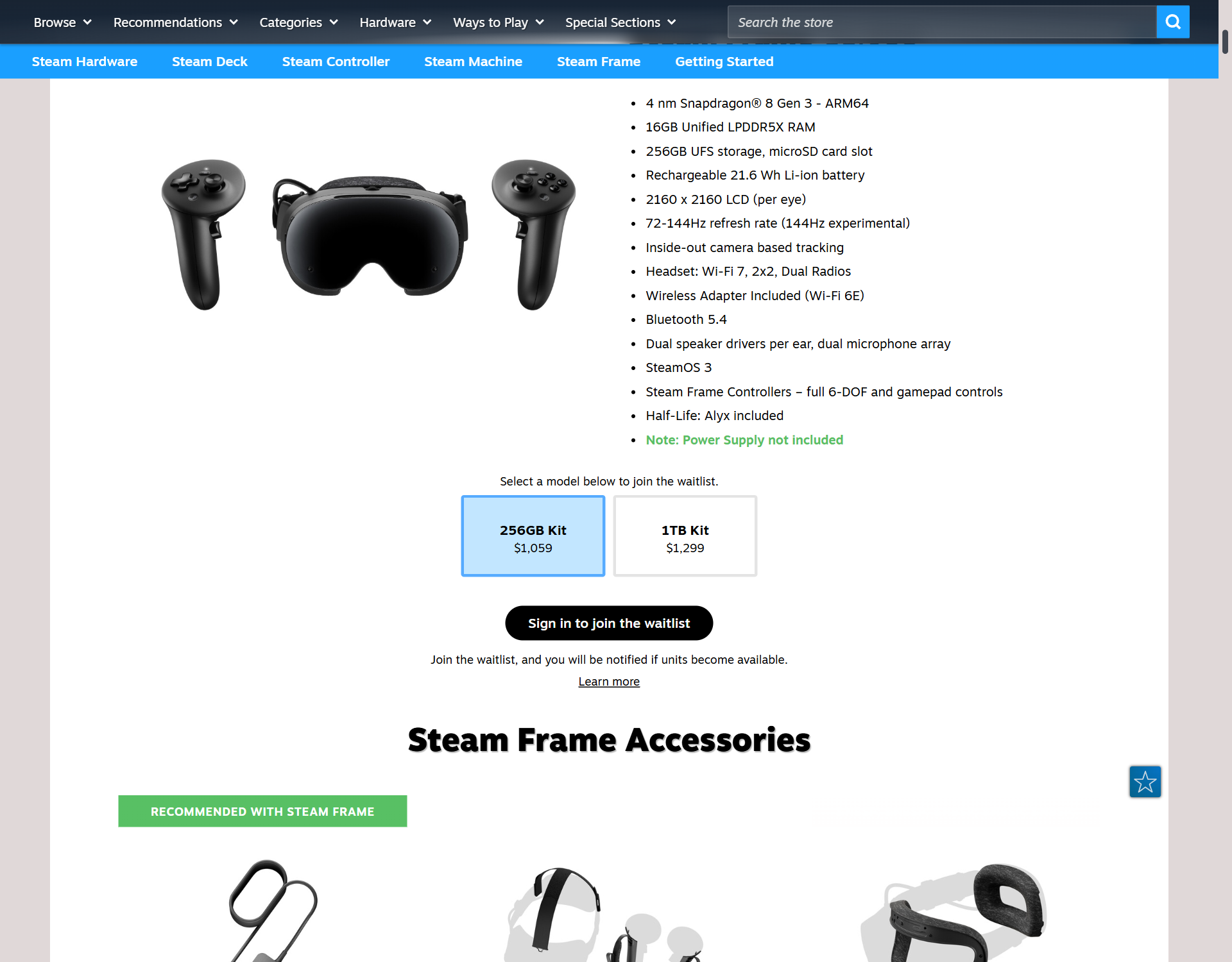 The Steam Frame product page when signed out, showing the 256GB Kit at $1,059 and the 1TB Kit at $1,299 above a button reading Sign in to join the waitlist