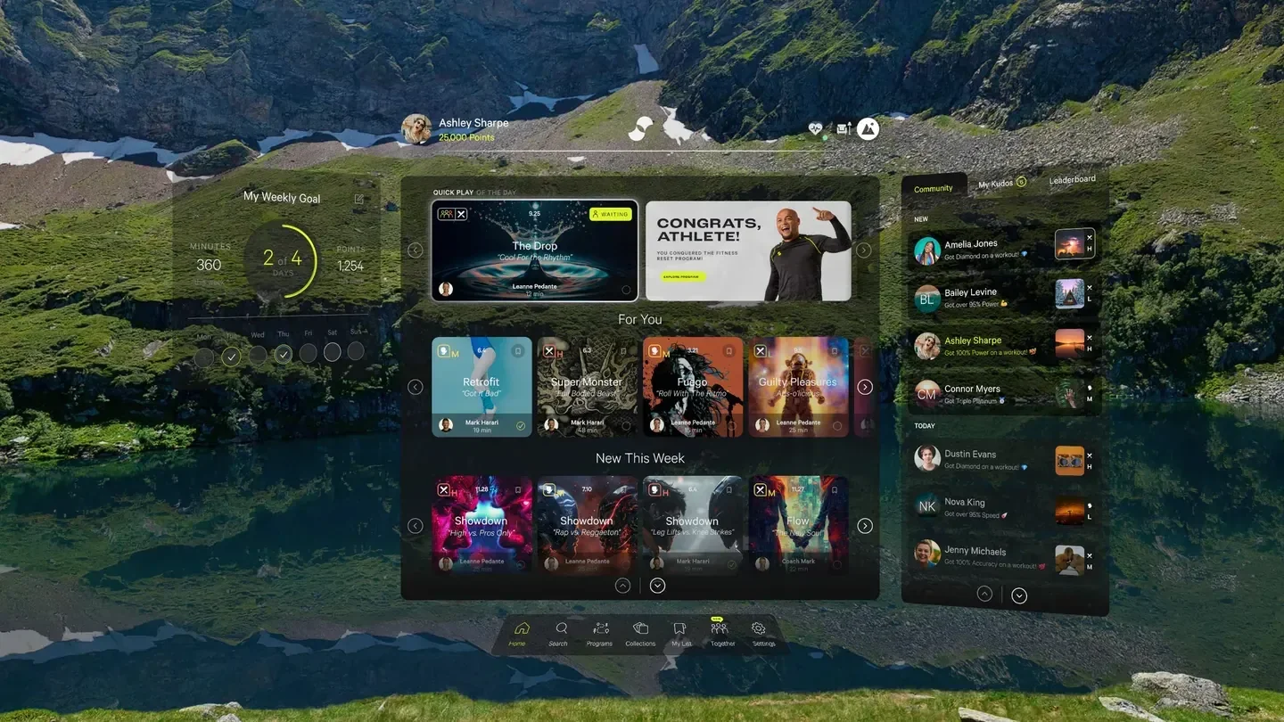The Supernatural in-headset home screen showing a weekly goal ring, a points total, coach-led workout cards and a community activity feed, over a mountain lake environment
