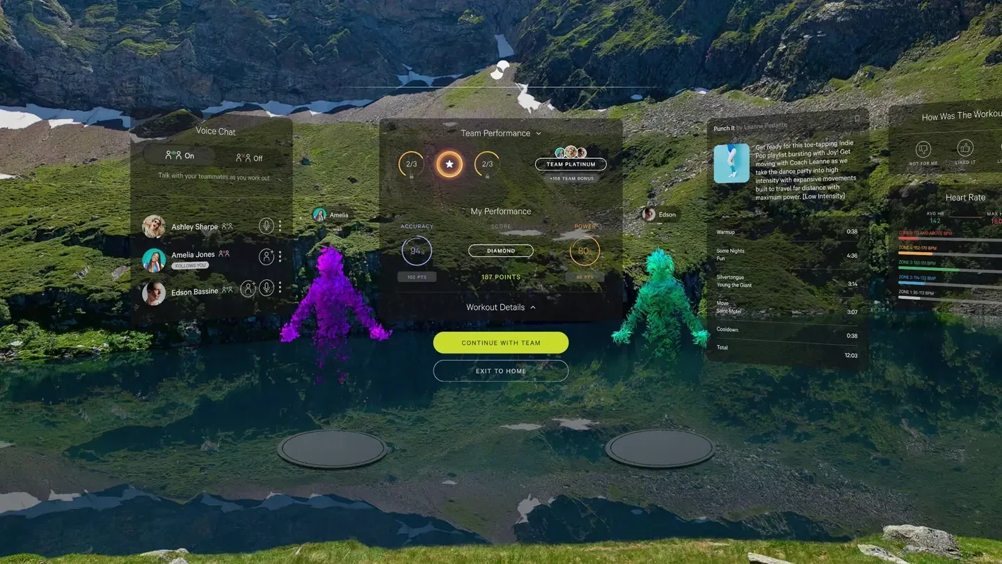 A Supernatural team workout results screen showing voice chat participants, team performance scores, heart rate zones and the song list from the session