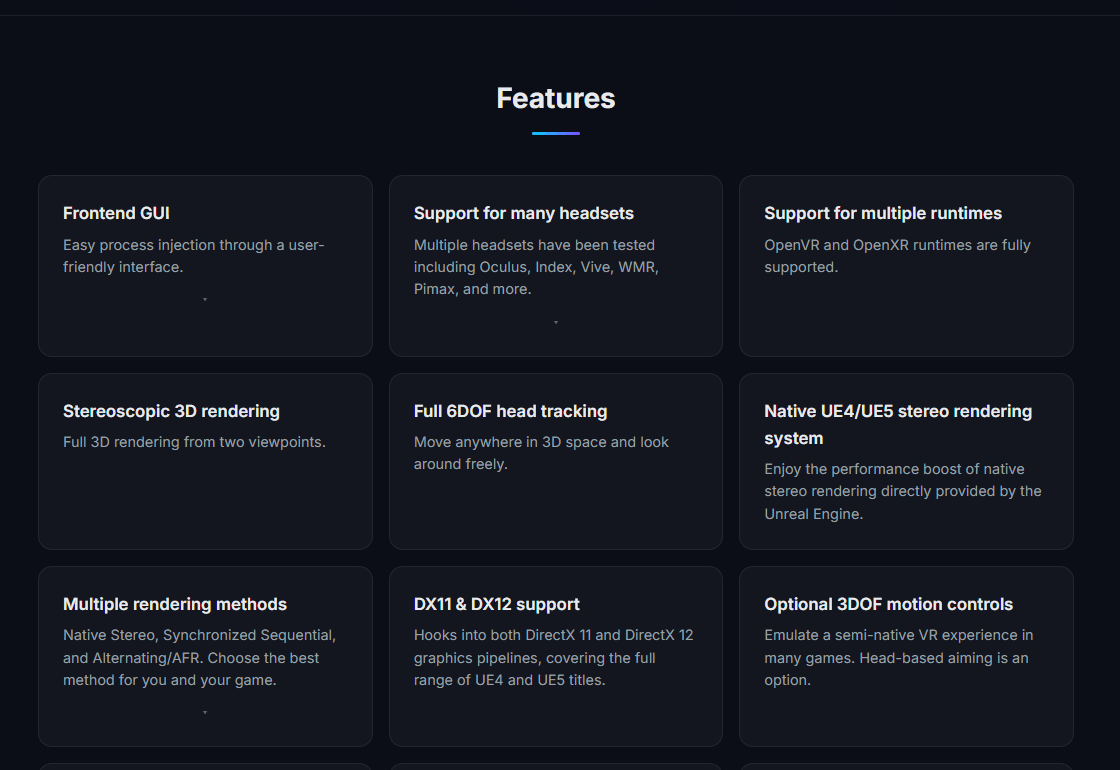 The Features section of uevr.io, listing the frontend GUI, headset support, OpenVR and OpenXR, stereoscopic rendering, 6DOF head tracking, multiple rendering methods, DX11 and DX12 support and optional motion controls
