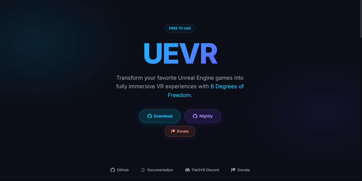 The UEVR home page: the UEVR wordmark over a dark background with Download, Nightly and Donate buttons