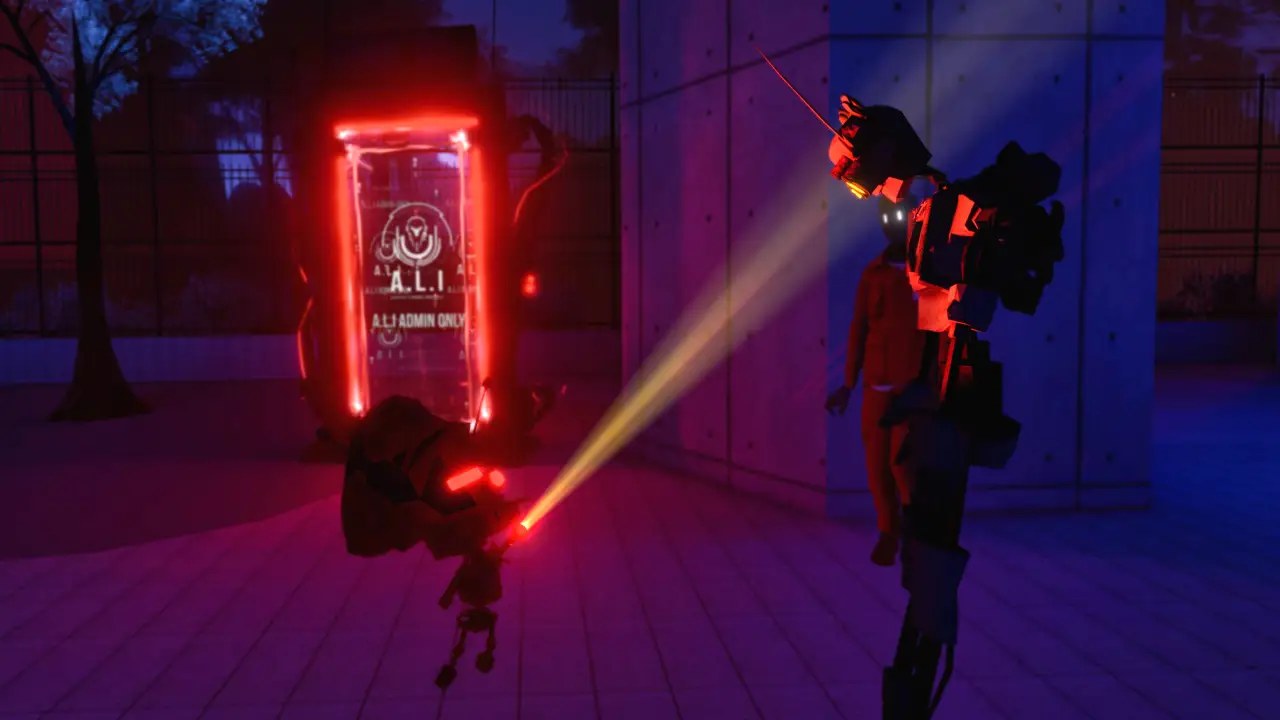 A searchlight-carrying robot sweeps a corridor outside a red-lit door marked A.L.I. ADMIN ONLY, with a figure in an orange jumpsuit pressed against the wall