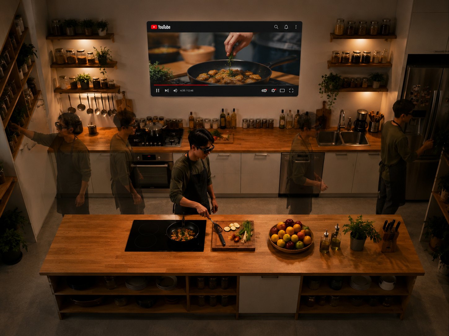 Company render showing a URXR One wearer moving around a kitchen while a video window stays pinned to the wall behind the counter