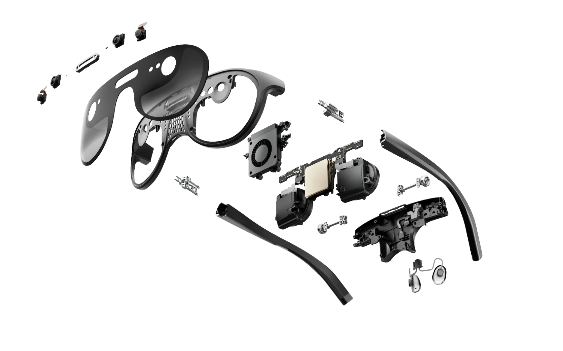 Exploded view render of the URXR One glasses showing the magnesium alloy frame, pancake optics, camera modules, and the spatial processing board