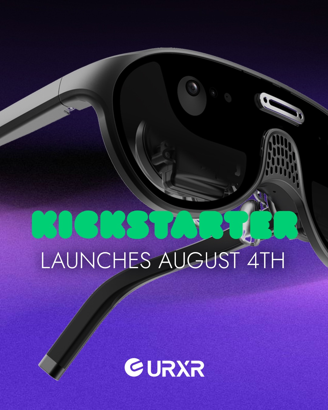 Unseen Reality promotional render of the URXR One glasses in three-quarter view showing the forward camera, sensor cluster and vented nose bridge, captioned Kickstarter launches August 4th