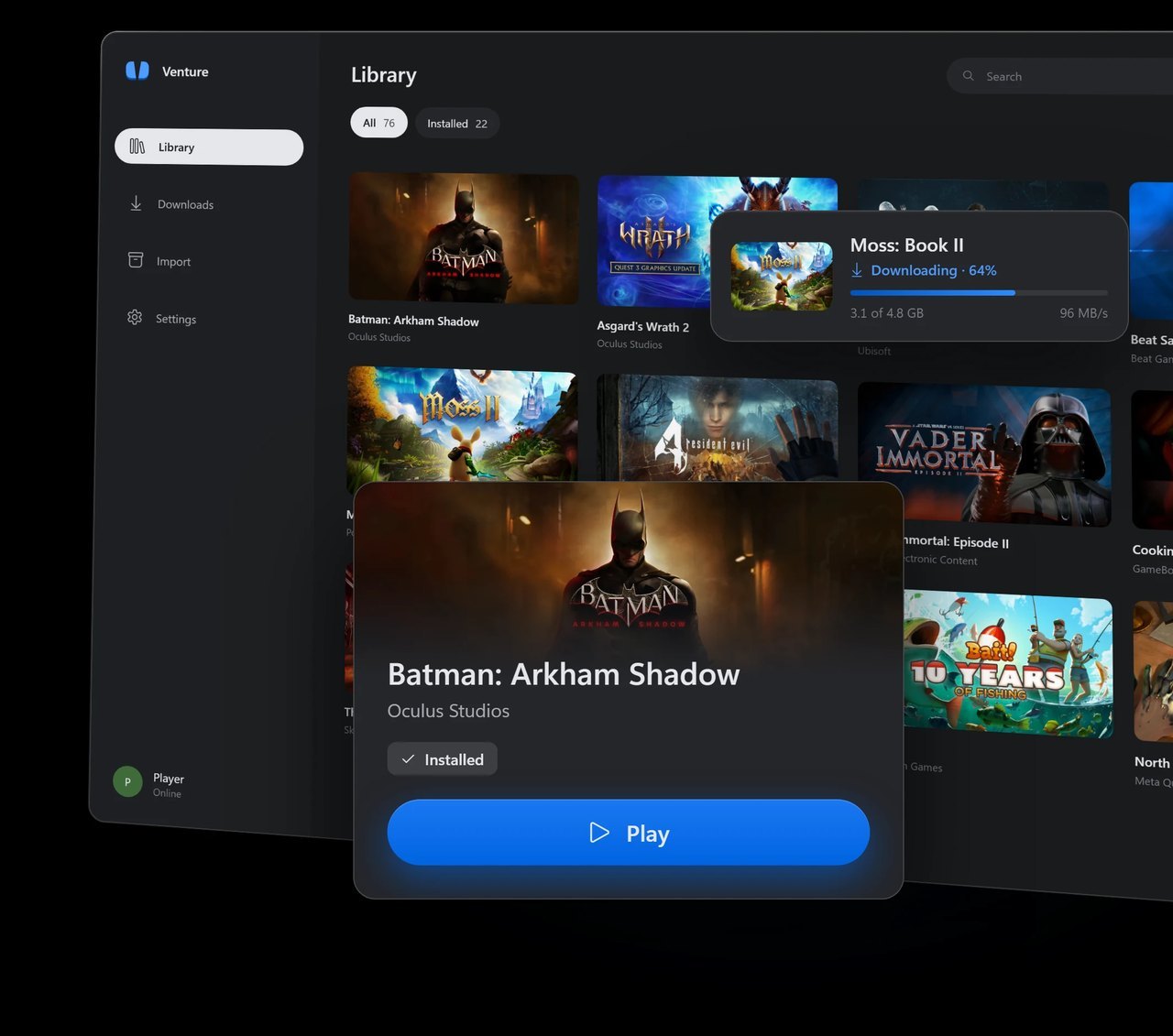 Venture's Library screen, a dark launcher with a Library, Downloads, Import and Settings sidebar, a grid of Quest game art, a Moss: Book II download at 64 percent and a Batman: Arkham Shadow card with a blue Play button