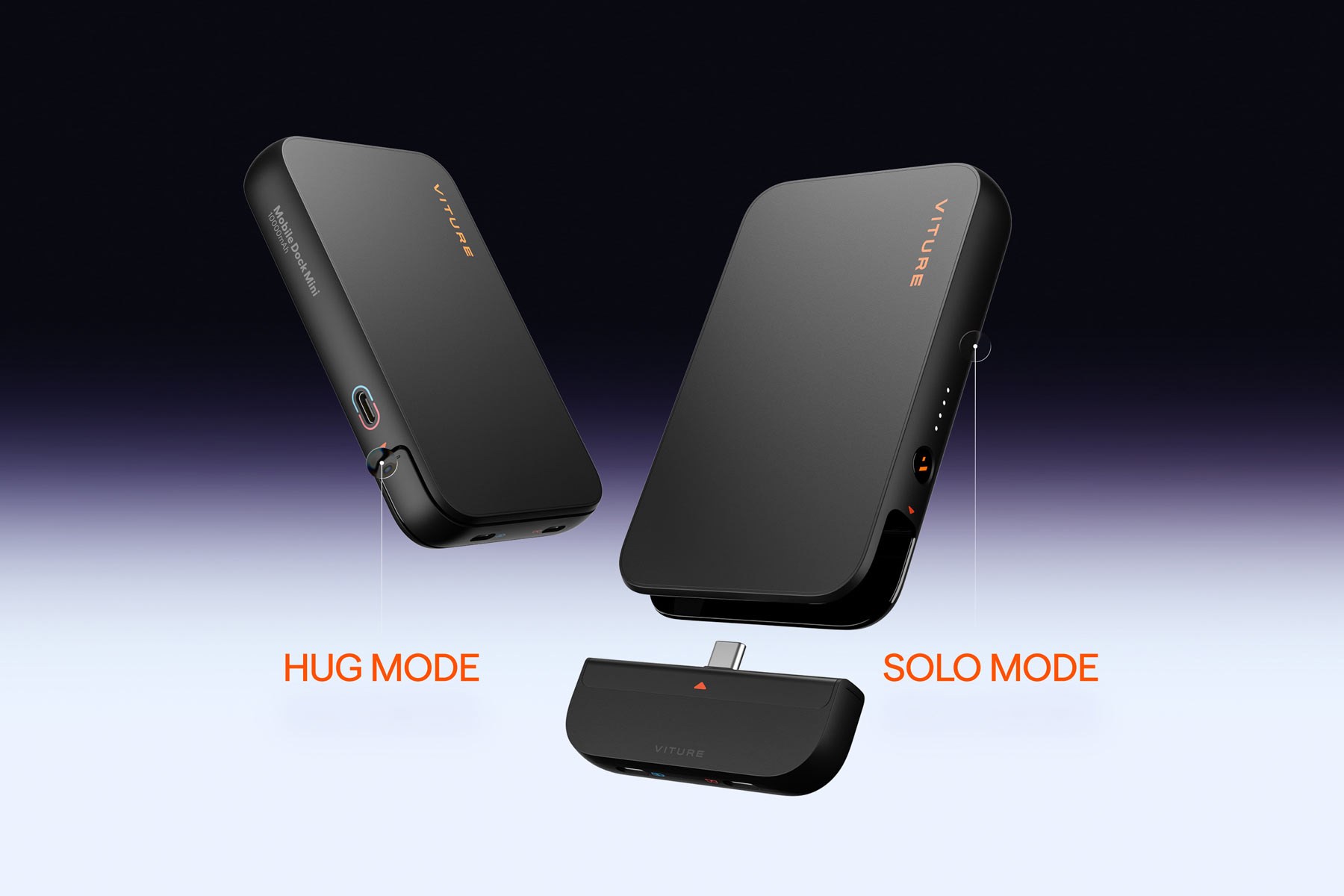 VITURE Mobile Dock Mini shown in Hug Mode attached to a handheld and in Solo Mode as a standalone USB-C hub