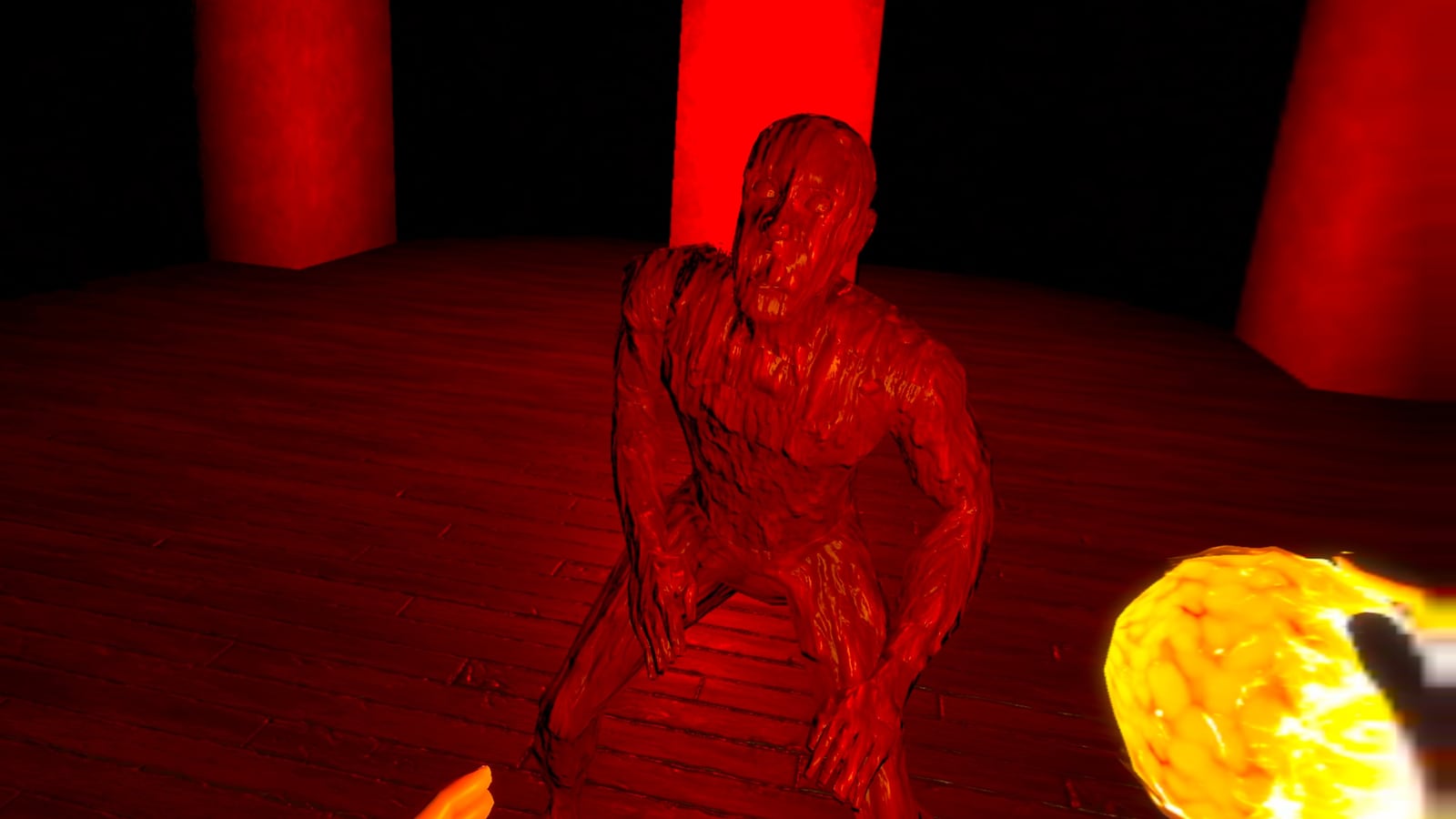 A red-lit wax figure crouches on a wooden stage between glowing red pillars in Candlelight: The Melting Shift, with the player's hand holding a burning light in the lower corner