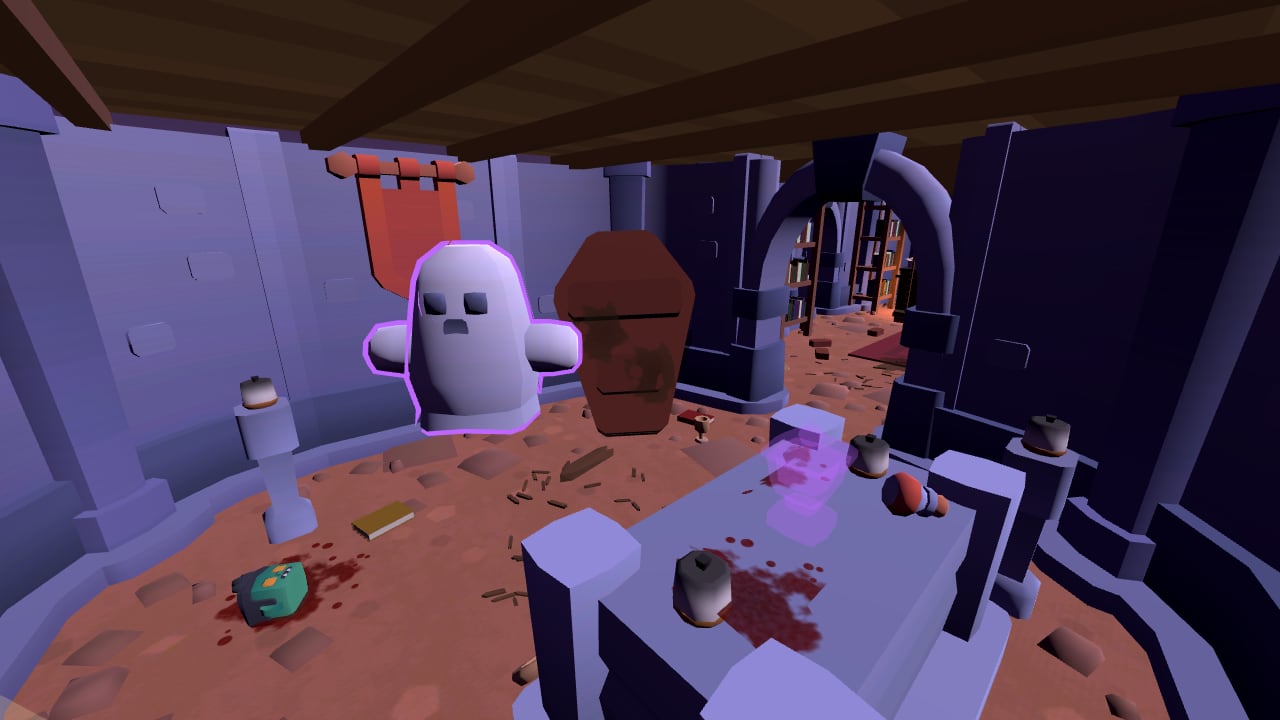A friendly white ghost with a purple outline floats beside a coffin in a messy haunted house room littered with trash and blood splatters in Haunted Cleanup VR
